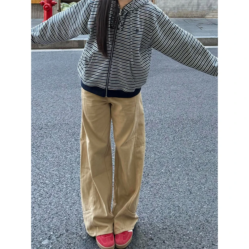 

Большие размеры, американские ретро цвета хаки, широкие джинсы, женские осенне-зимние новые прямые брюки длиной до пола, прямые брюки-трубы