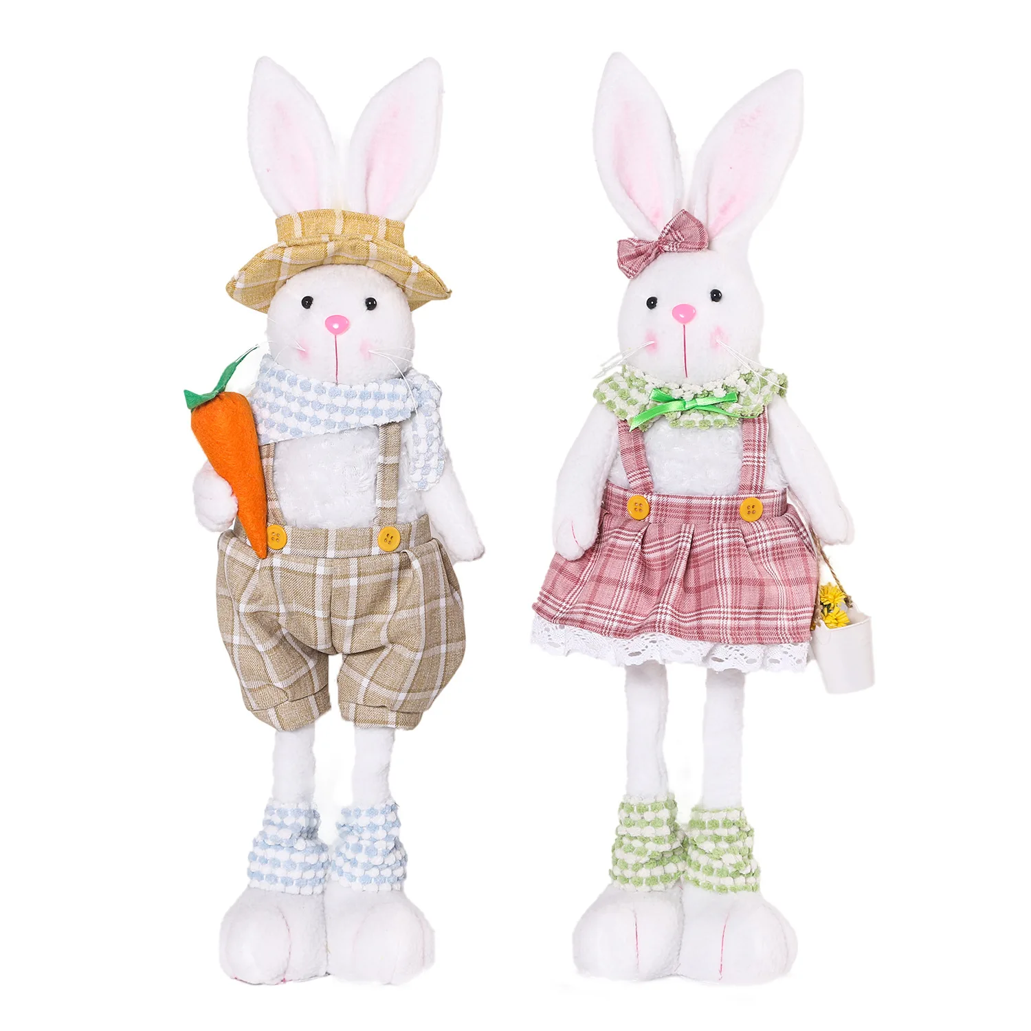 Easter Decorative Rabbit Cartoon Retractable Leg Couple Rabbit Doll Home Ornament Overalls Skirt Bunny Doll Easter Party Gifts