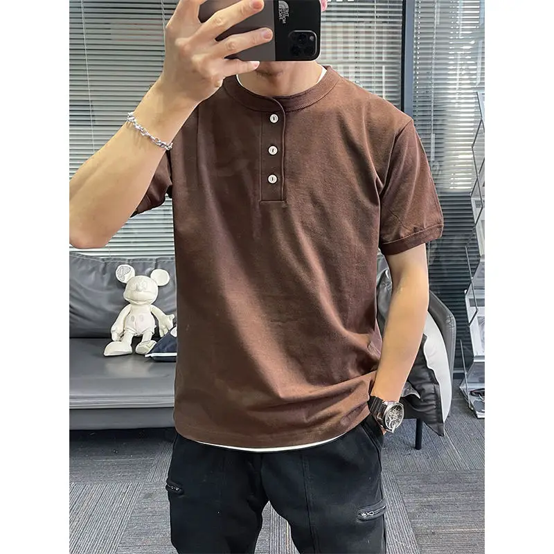 

Pure Cotton Henry Short-sleeved Kaji American Retro Summer Workwear Loose Simple Tough Guy Base Shirt