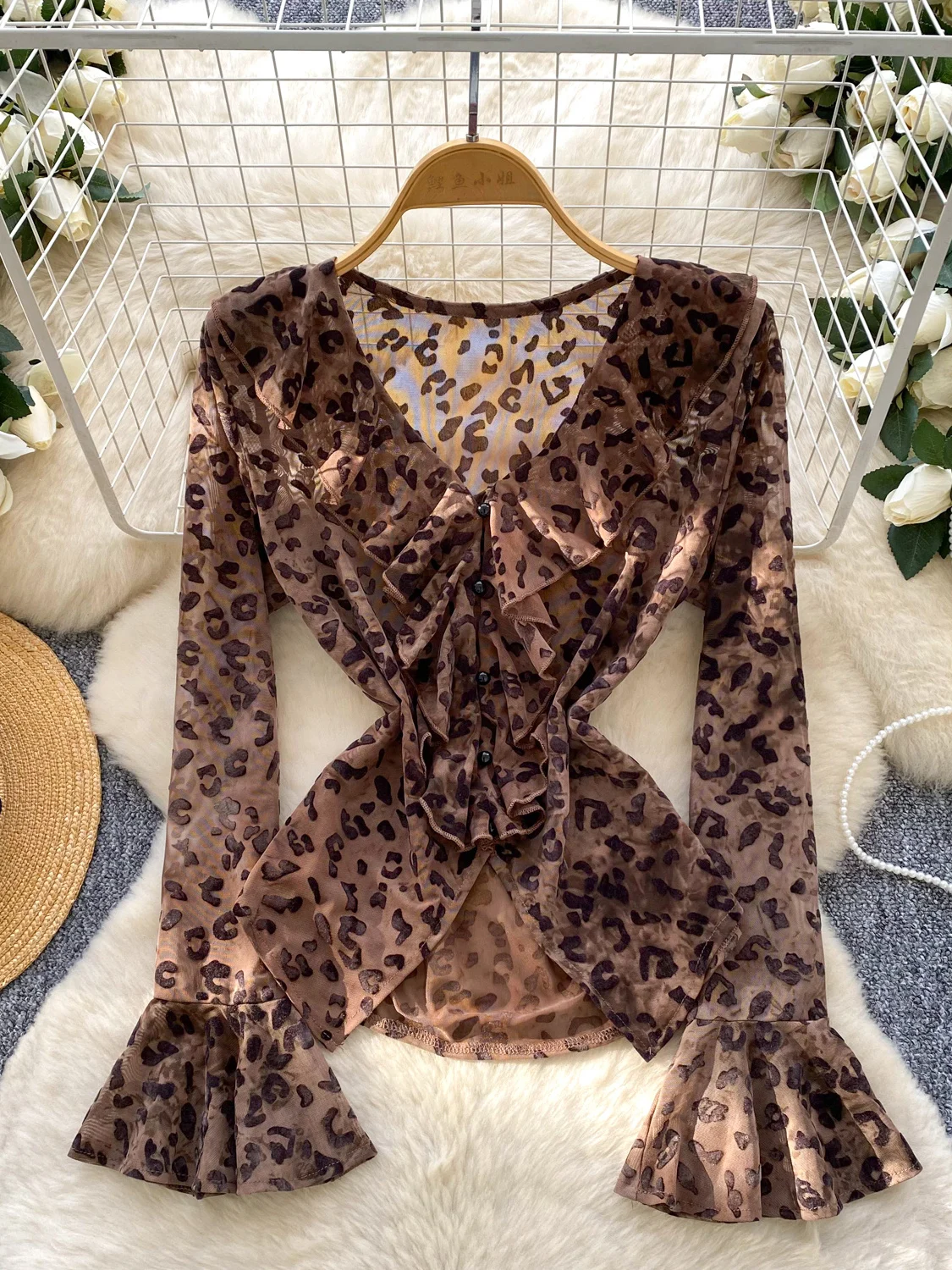 

Women's Brown V-Neck Leopard Shirts Blouses Vintage 2000s Elegant Aesthetic Long Sleeve Mesh Shirt Clothes Spring Autumn 2025
