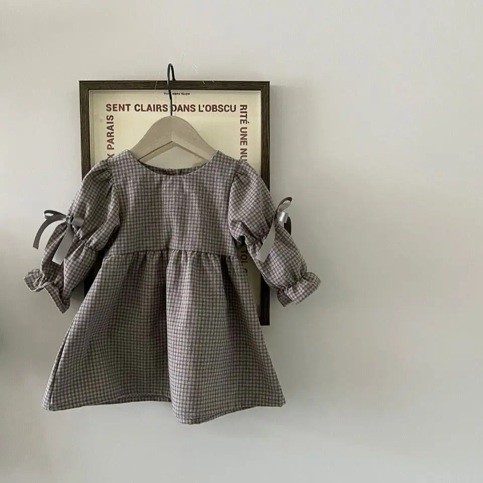 

2026 Spring New Baby Girl Long Sleeve Plaid Dress Cotton Girls Cute Bow Princess Dress Toddler Casual Dress Infant Clothes