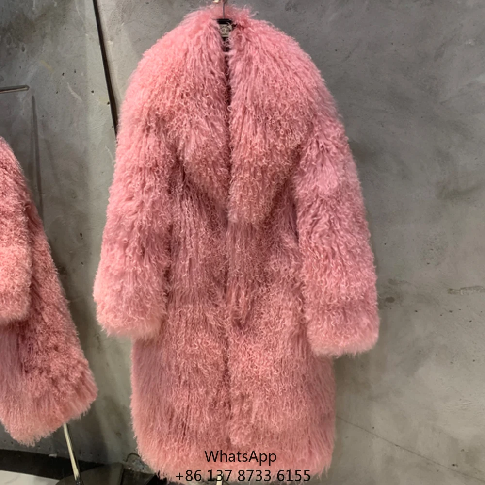 

Высококачественная монгольская шуба из натурального меха, индивидуальный пошив, женское длинное пальто, розовое, из натурального овечьего меха