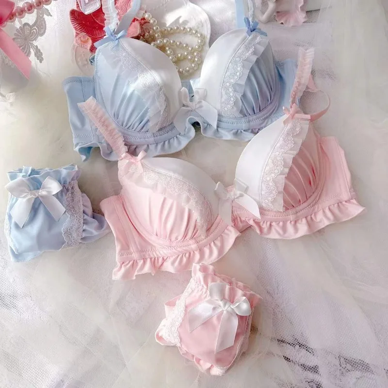 Lingerie primaverile ed estiva, set di biancheria intima per ragazze dolci e carine, stampa bordo in pizzo sottile dell'anello in acciaio, reggiseno raccolto di grandi dimensioni