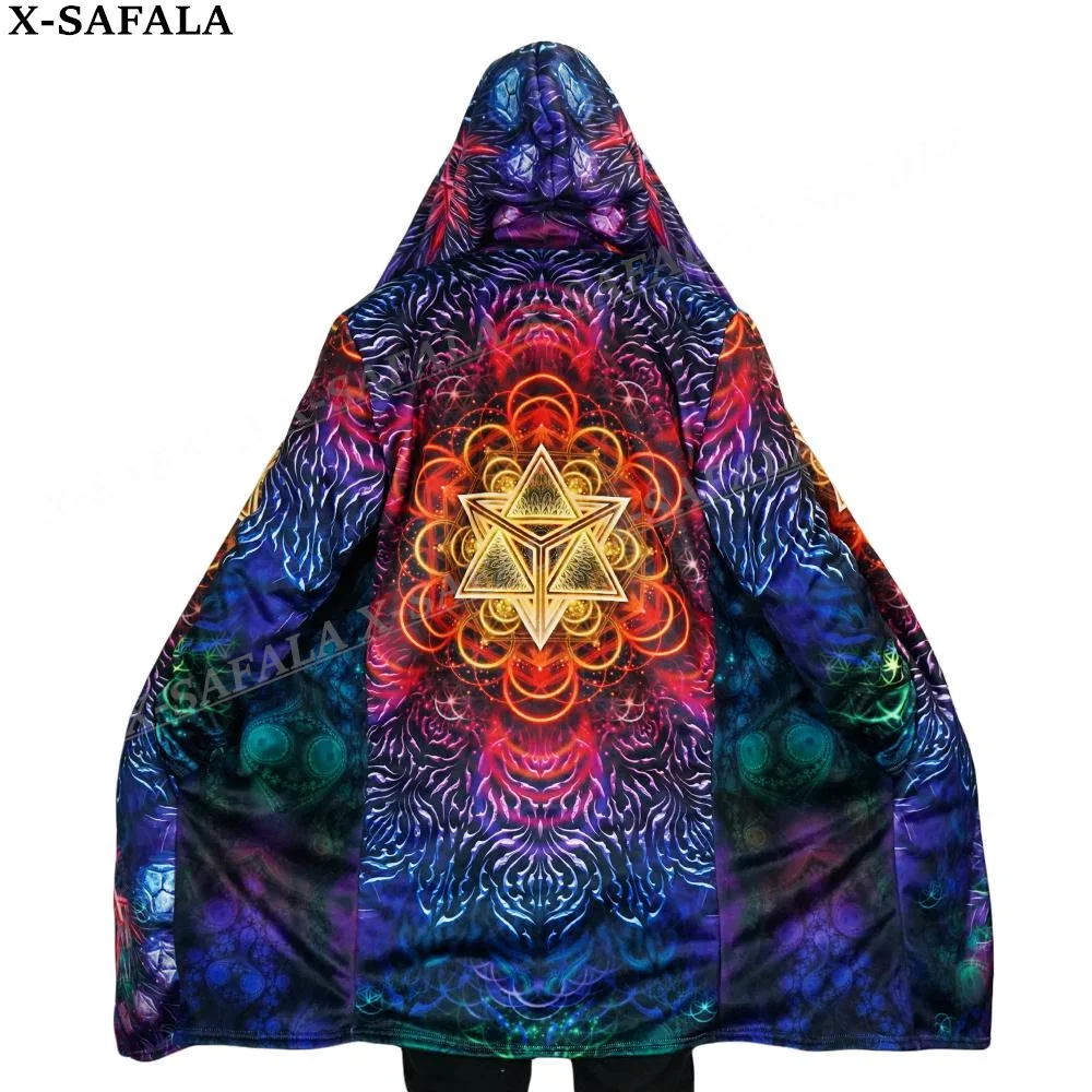 Hippie Psychedelic สีสัน Trippy พิมพ์หนา Hooded เสื้อกันหนาวผู้ชาย Windproof Fleece Cape Robe Hooded ผ้าห่ม-10