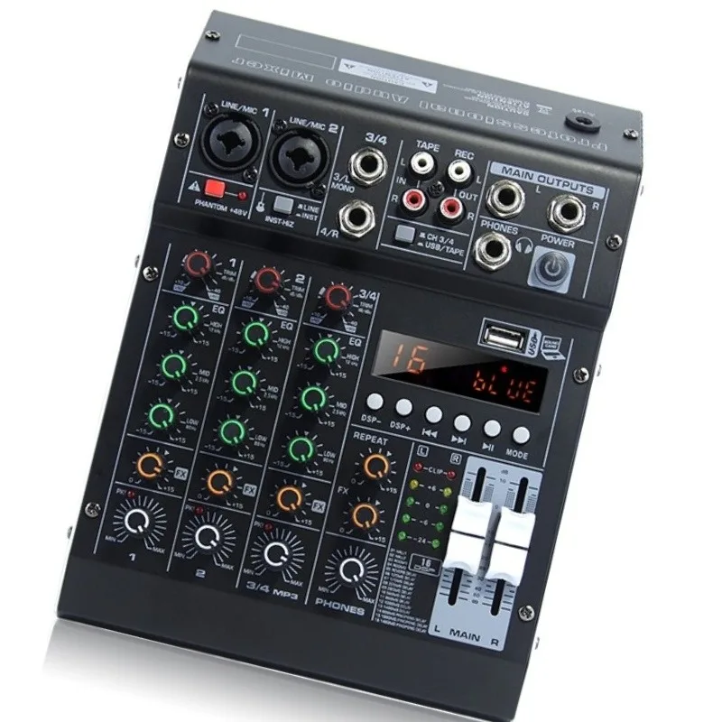 HM-4M 4CH Audio Mixer Sound Card Built-in DSP 48V Phantom Power Stage Conference Mixing Console