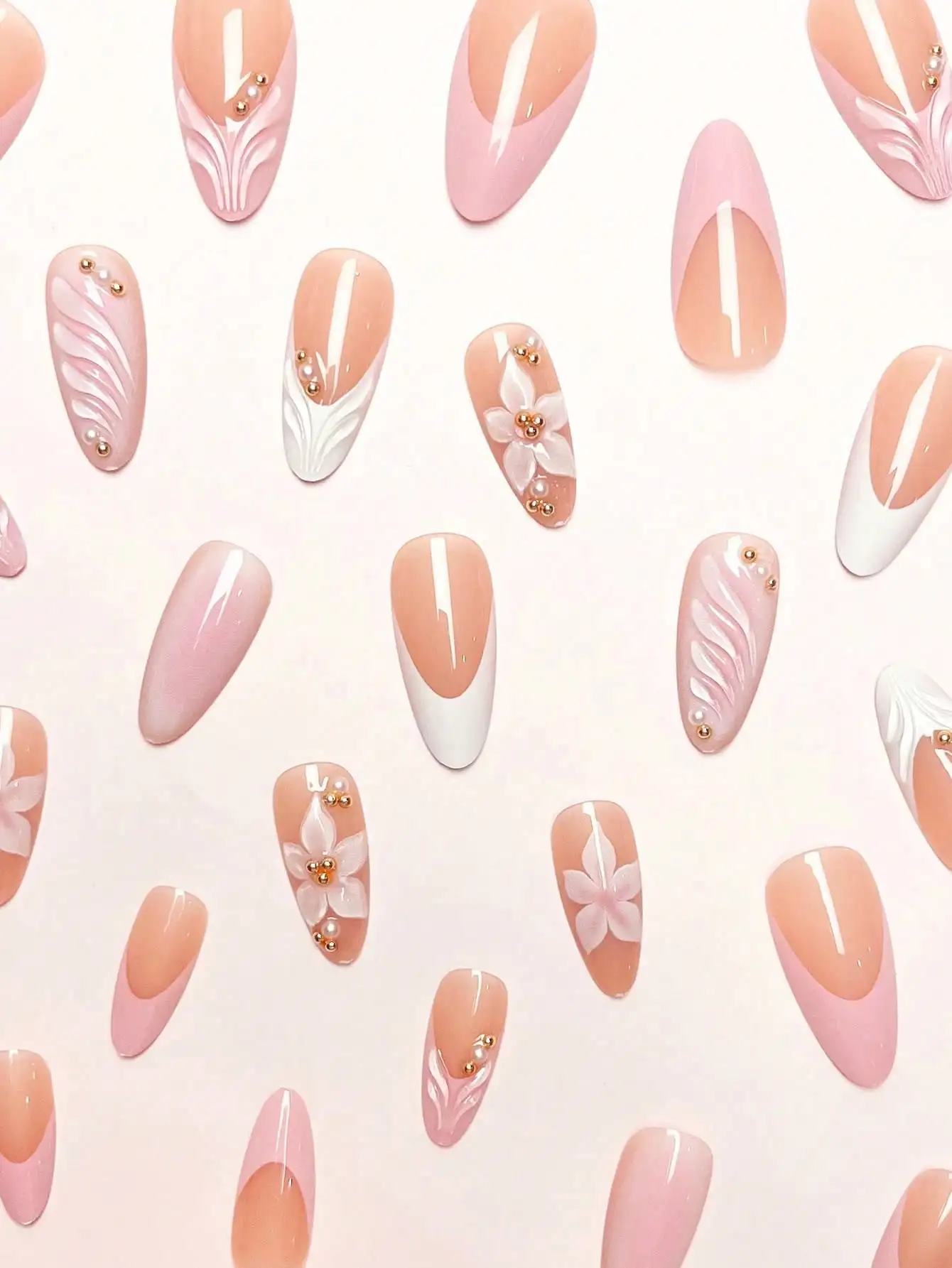 24pcs/Set Elegant Gradient Pink & White Almond-Shaped Nail Stickers With 3D Floral & Pearl Decor, Includes Gel Polish And Nail File, Suitable For Girls/Women For Daily, Party, Autumn Nails Nail Supplies