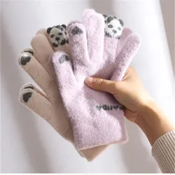 Winter Warm Plush Gloves Cute Cartoon Panda Ring Finger Knitted Gloves Touchscreen Gloves Outdoor Windproof Mittens