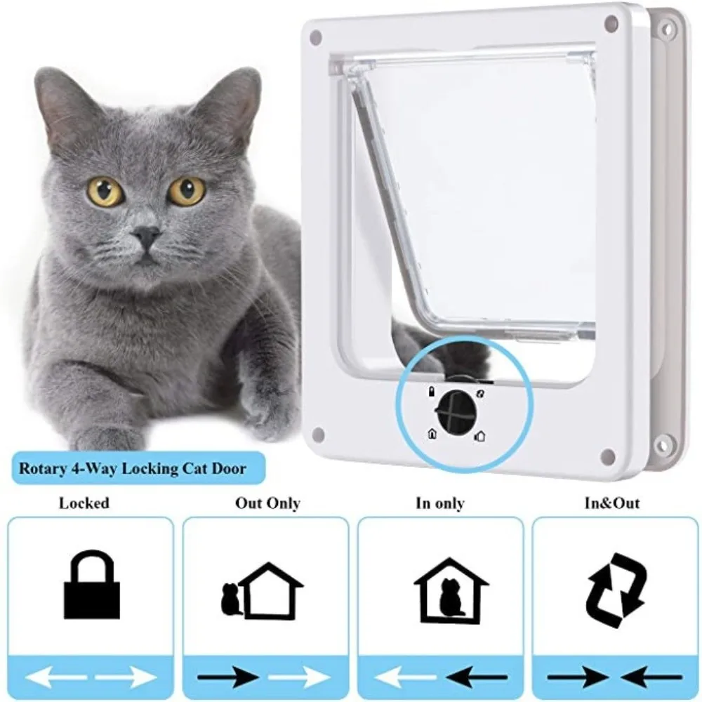 4 Ways Locking Cat Flap Door with Security Lock ABS Easy Installation Self-Closing Pet Door Weatherproof Turn Knob Dog Flap Door