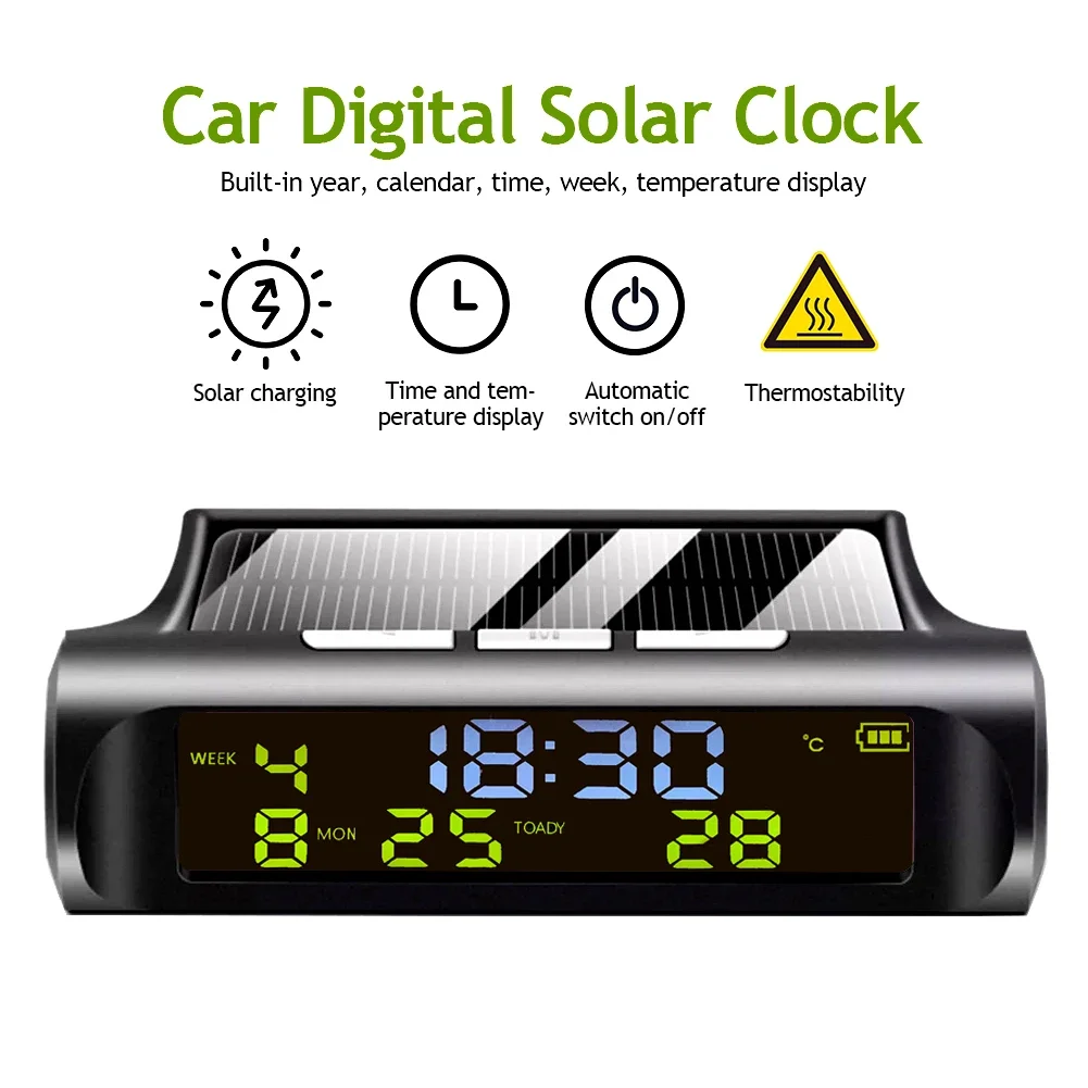 Car Clock USB Solar Charge Smart Digital Clock Calendar Time Temperature LED Display Automobile Interior Accessories Auto Start