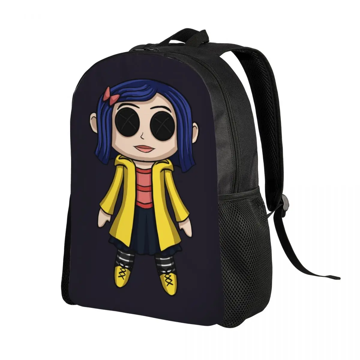 Niestandardowy plecak dla kobiet z motywem Coraline Doll Chibi Horror dla studentów szkół męskich na 15 Cal torby na Laptop