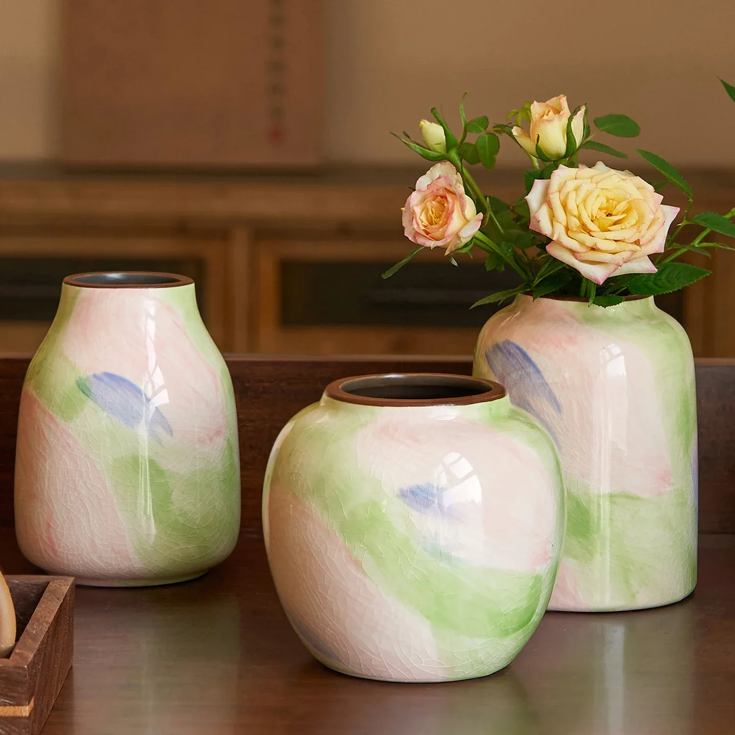 Hand Drawn Oil Painting Ceramic Vase Glazed Hydroponic Vase with Cracks American Country Style Home Interior Decoration Gift