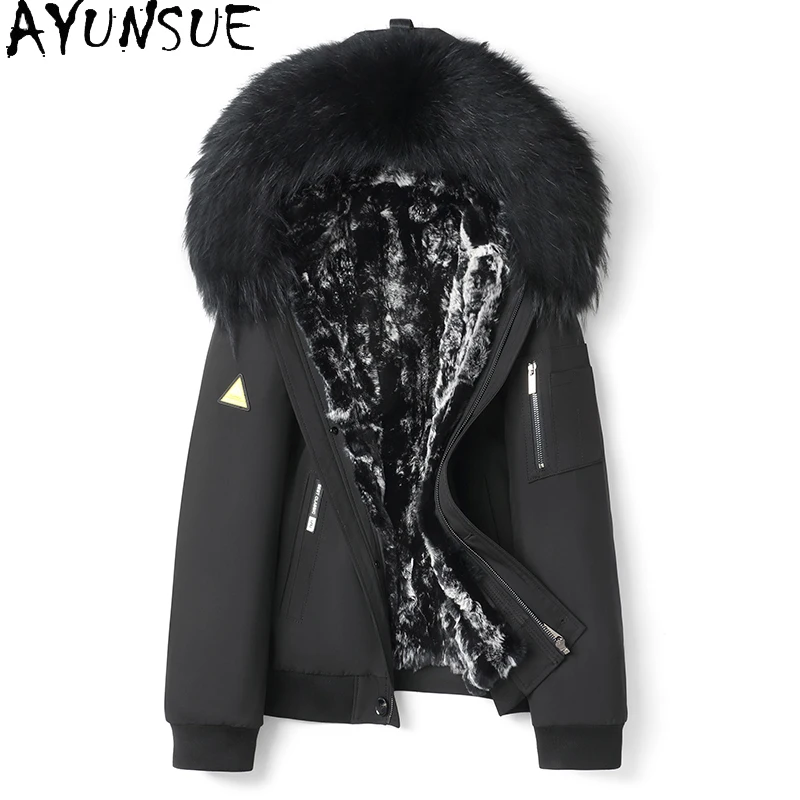 AYUNSUE Real Fur Parkas Men Clothing Detachable Rex Rabbit Fur Liner Jacket for Man Short Natural Fur Coat Hooded Raccoon Collar