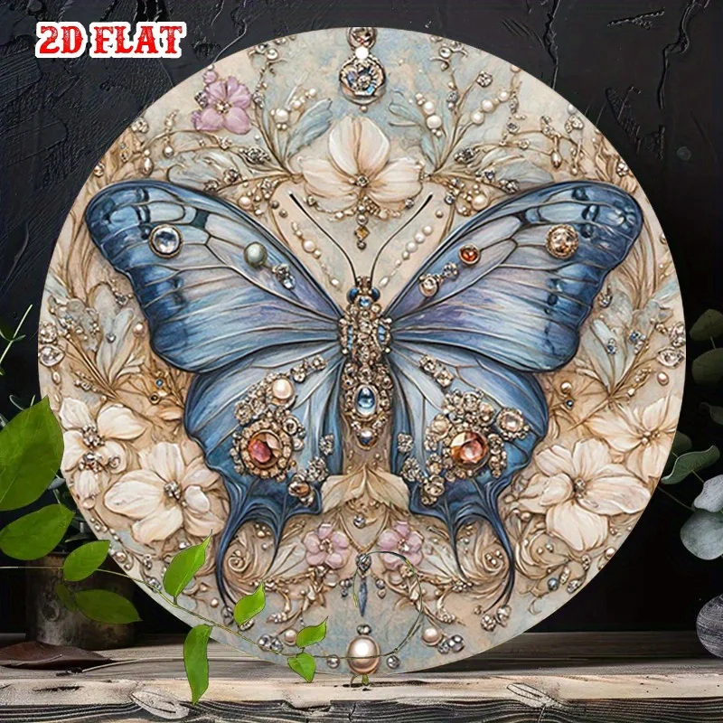 2D flach 1 Stück Schmuck rundes Aluminiumschild, Blume Metallblechschild – Edelstein rustikale Metallwandkunst, Schmetterling Metall Wandkunst Dekor,