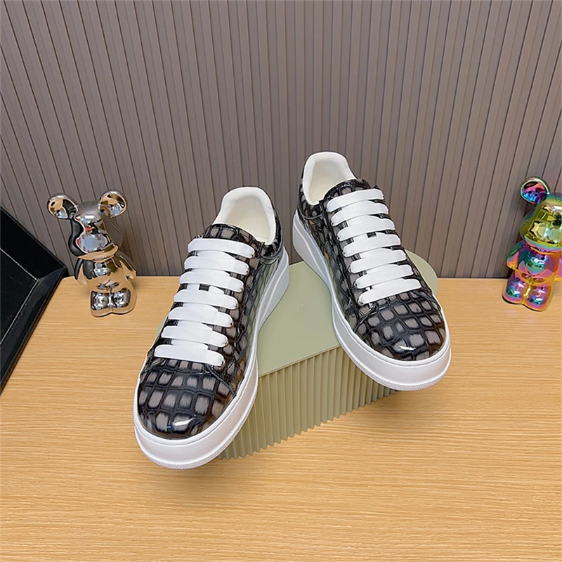 للجنسين رمادي منصة حذاء كاجوال رجالي جلد البقر جولة تو منخفضة أعلى أحذية رياضية حجر نمط الدانتيل متابعة لوكس حذاء مسطح اليدوية #5