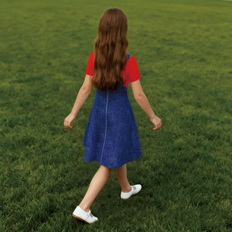 2025 Girl's Fake Two - piece Cartoon Strawberry Print, Children's Imitation Denim with Imitation Belt Dress