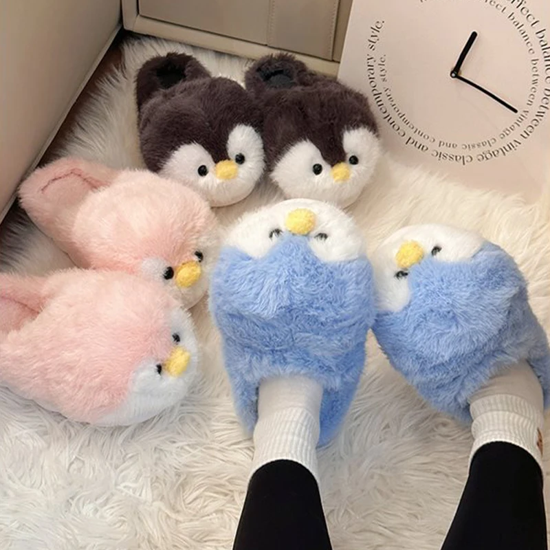 Women's cuddly animal loafer furry slides woman winter fuzzy home room shoes lady slippers house Adorable hug penguin slippers