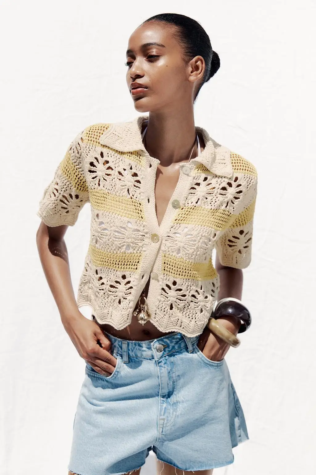 

YY1312 ZA25 Summer New Women's Wear Yellow Striped Collar Hollow Short Knitted Short Sleeve Knitted Cardigan 6236021