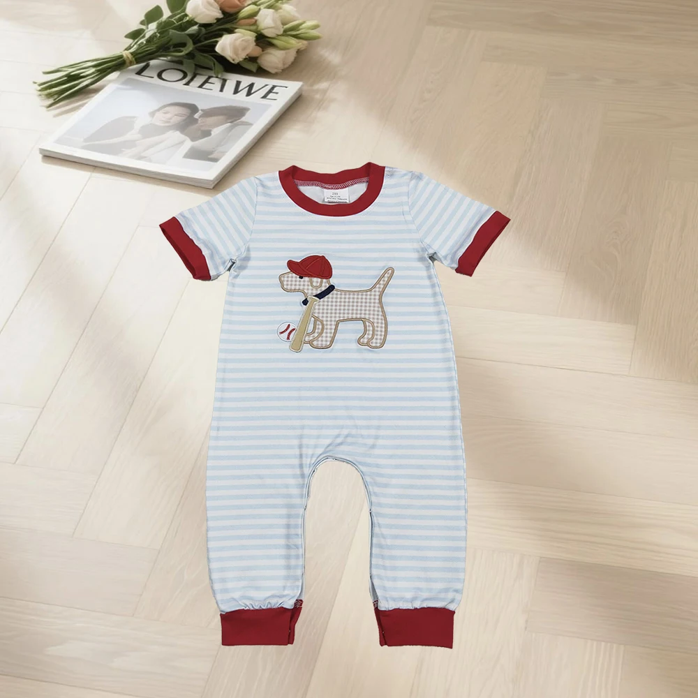 

12.3 Baby Boys Rompers Embroidery Dog Baseballs Baby Boys Stripe Team Footie Rompers