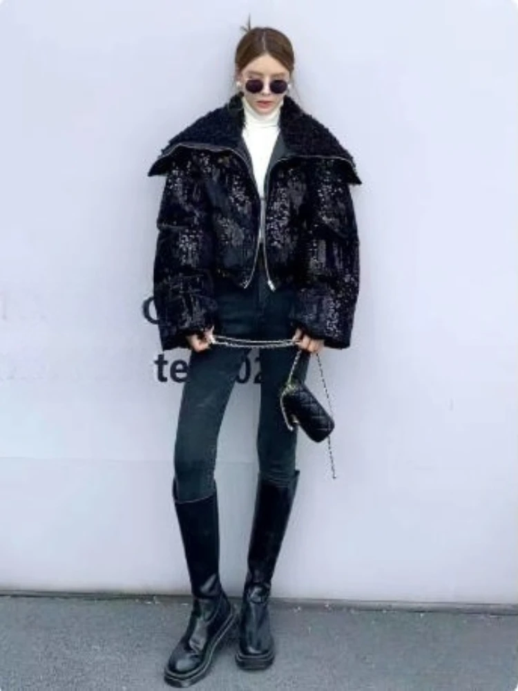 Women's jacket winter short cotton jacket fashion velvet navy collar full of sparkling sequin coat oversized trend winter coat