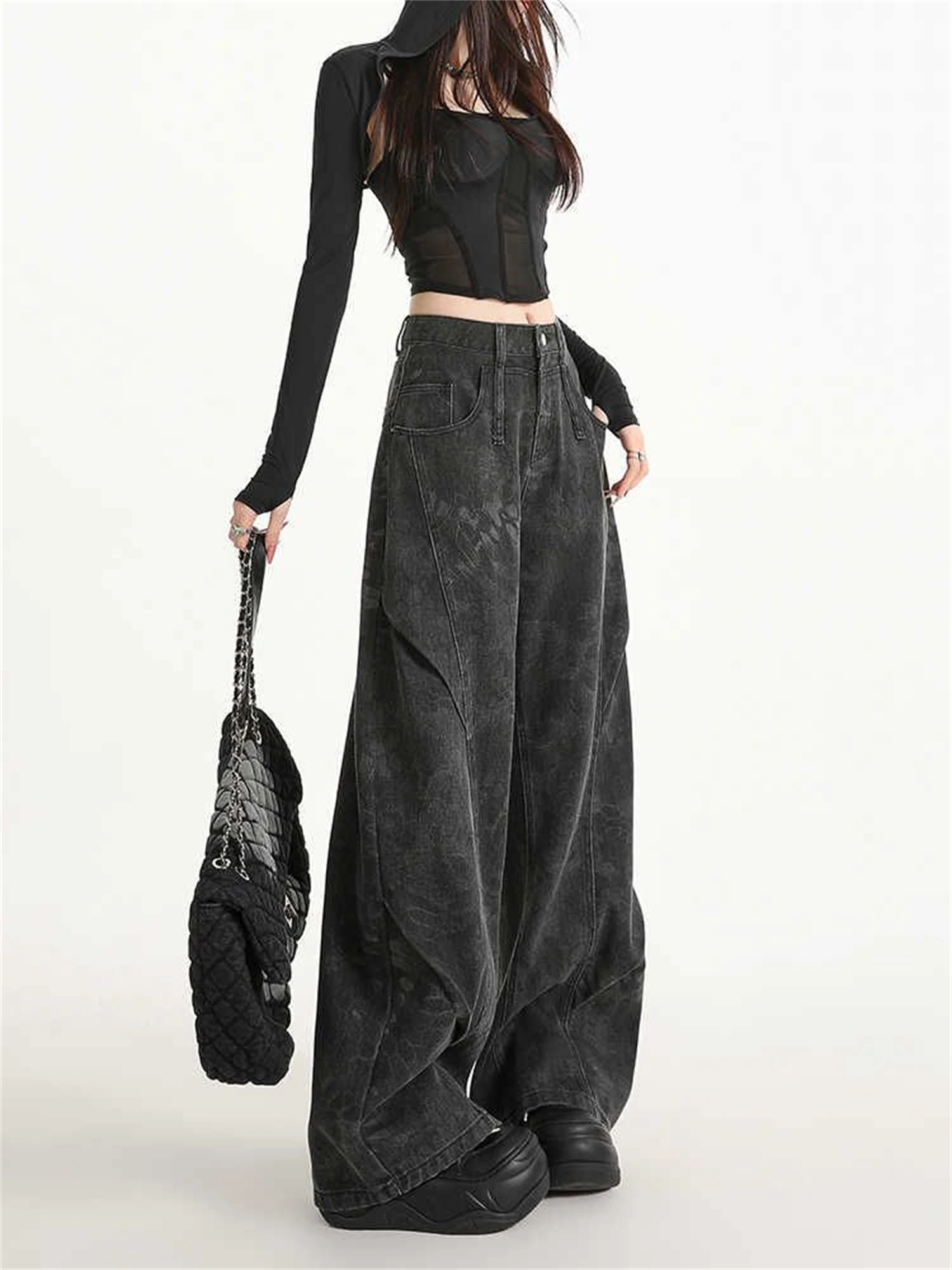 Celana Jeans Wanita Y2K Pinggang Tinggi Model Kaki Lebar Hitam Motif Subtil Gaya Gothic Streetwear Longgar