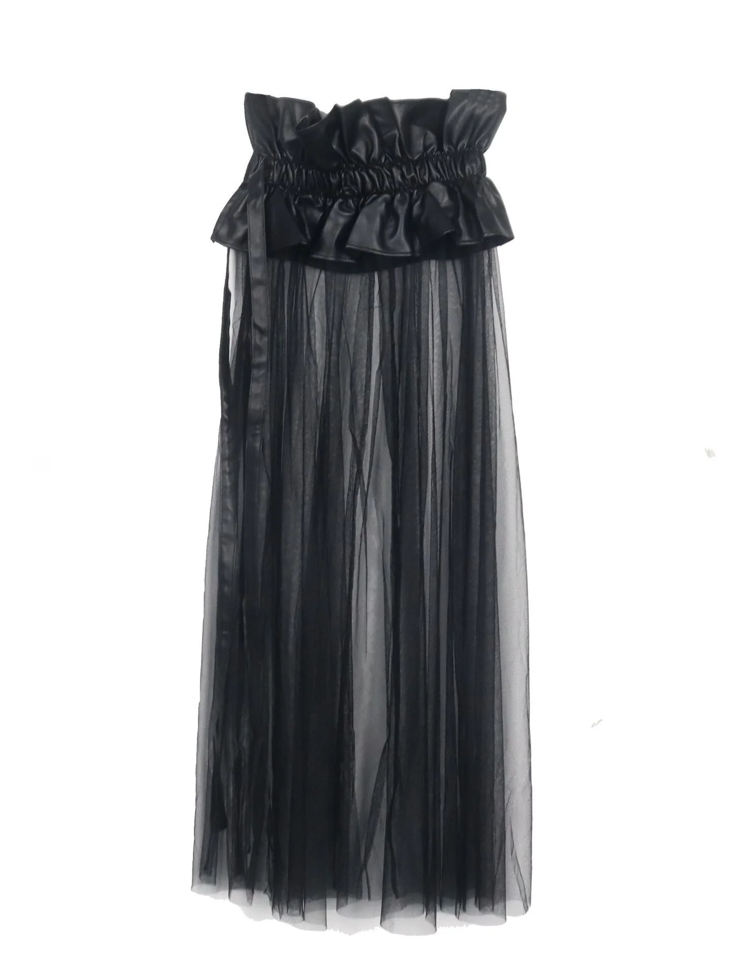 Spring Summer Street Style High Waist PU Leather Waist Seal Mesh Half Skirt Shirt Two Piece Set Women Fashionable Trendy Girl