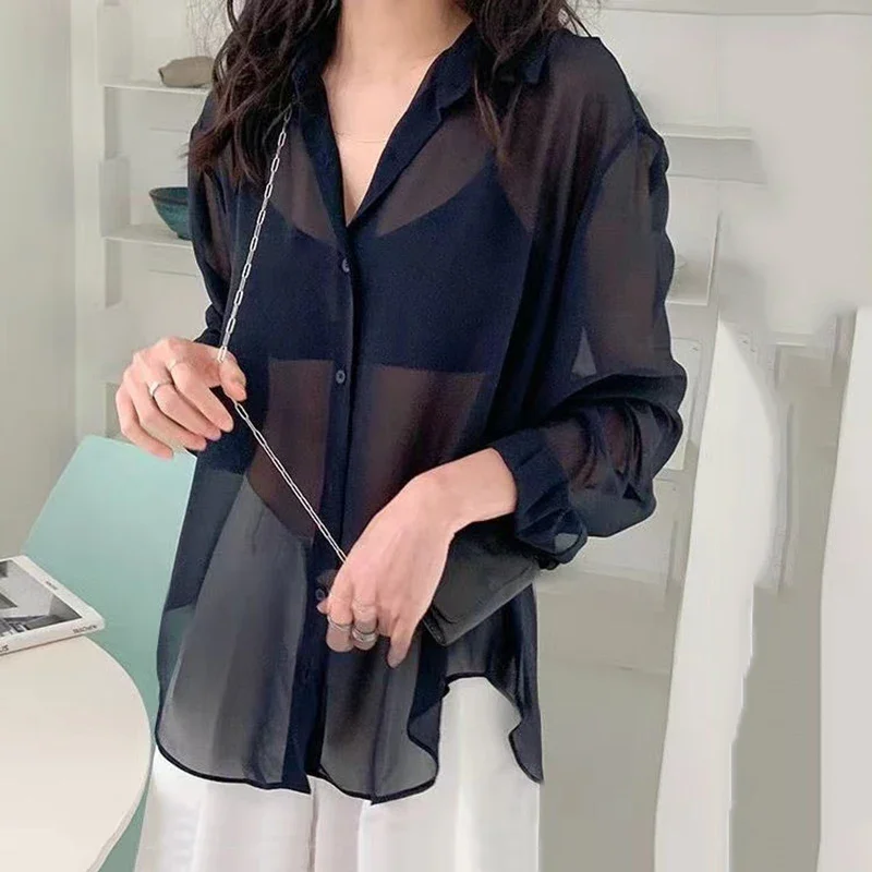 Shirt for Women Blouse Long Sleeve Top Chiffon Summer Simple Sun-proof Fashion All-match Basic Korean Sexy Solid Casual Shirt