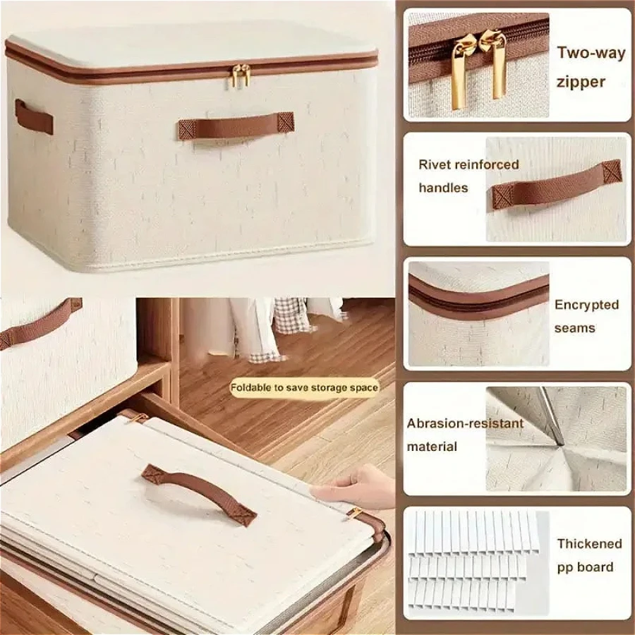 1PC Cotton Linen Storage Organizer Box with Zipper Non-Woven Fabric Large Household Storage Box for Clothes Quilts Toys Blankets