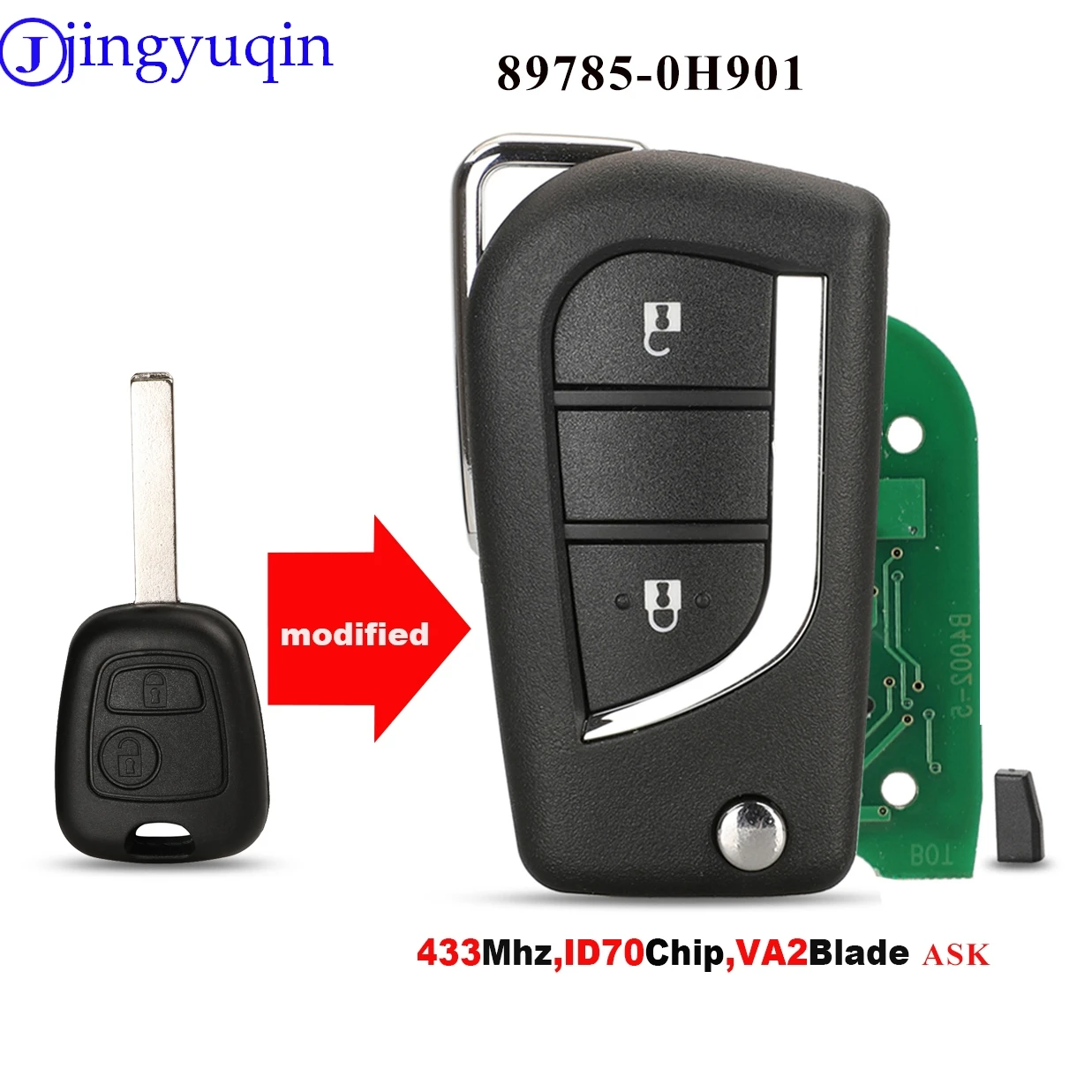 jingyuqin For Toyota Aygo Peugeot 107 106 Citroen C1 2005-2014 Flip Car Remote Key 2BT 434MHz ID46/4D70 Chip 89785-0H901 Upgrade