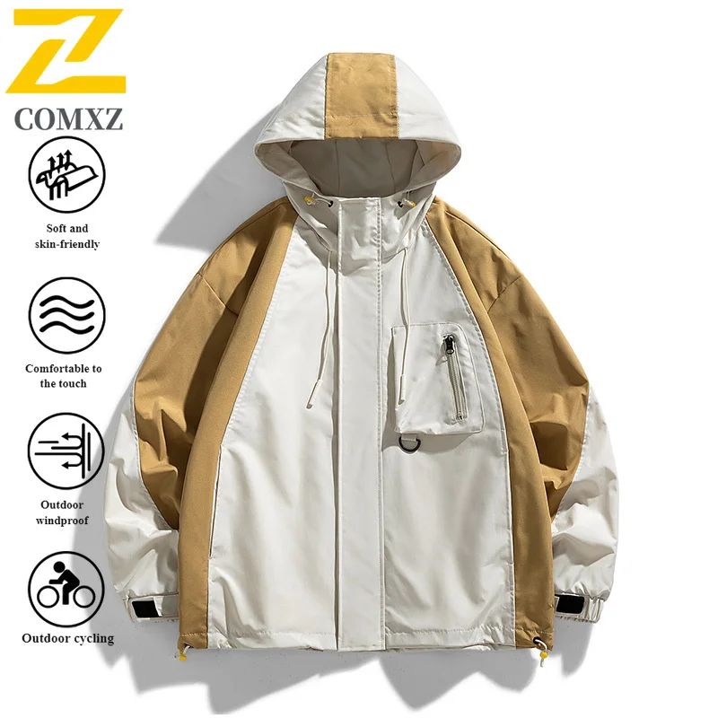 

EiAO Jacket Colorblock Workwear Men Women Oversized Hooded Waterproof Windproof Outdoor Coat for Hiking Camping Fishing 2025