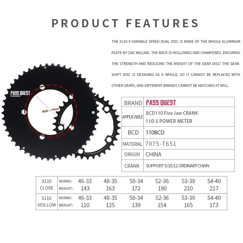 PASS QUEST 110 bcd chainring 5 bolt road bike Narrow wide Chain ring with bolts for Shimano SRAM 11 12 Speed Road Bike tray