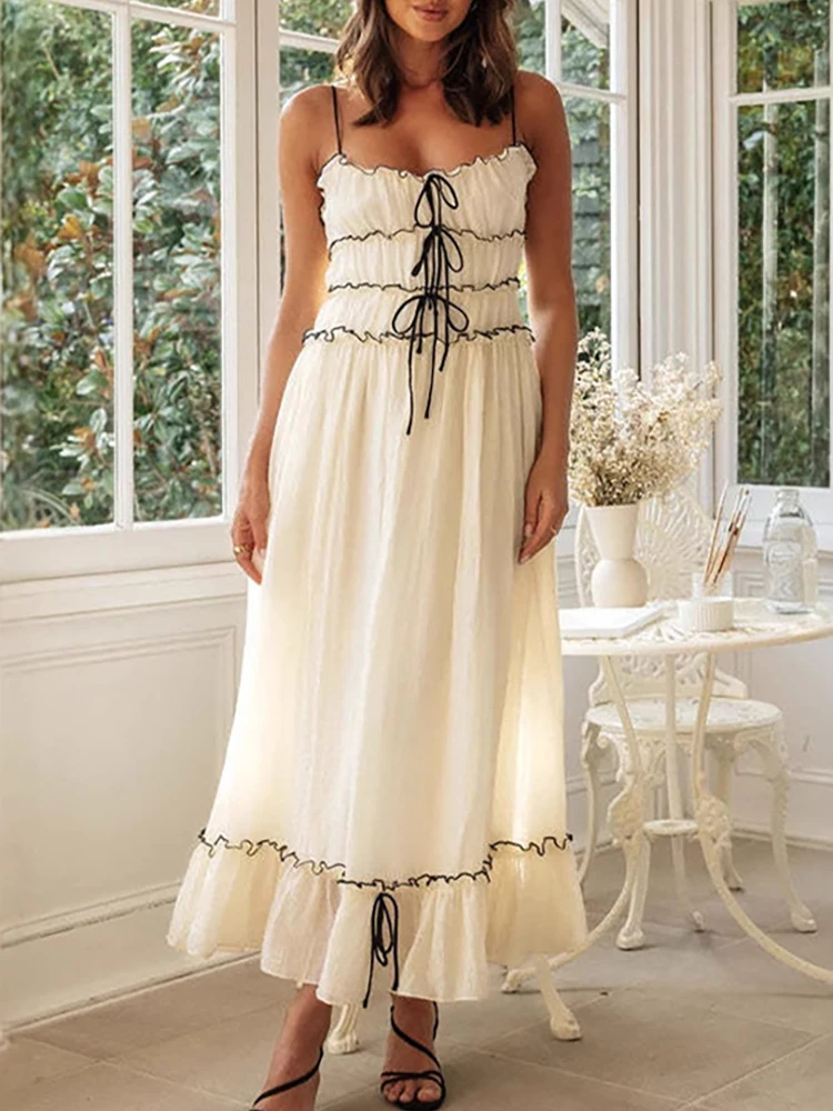 

FIGOHR Summer Women's French Lazy Spaghetti Straps A-Line Long Dress Female Casual Holiday Style Square Neck Bow Dress 4 Color