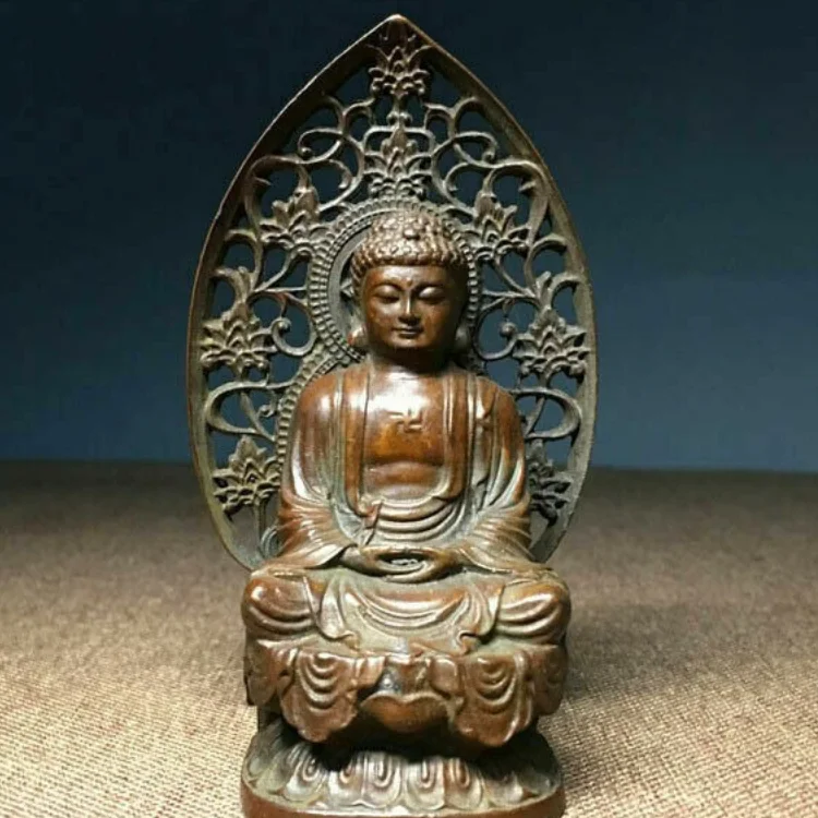 Antique Copper Shakyamuni Buddha Sculpture Hollow Floral Back Screen Portable Mini Buddhist Statue Desktop Ornament