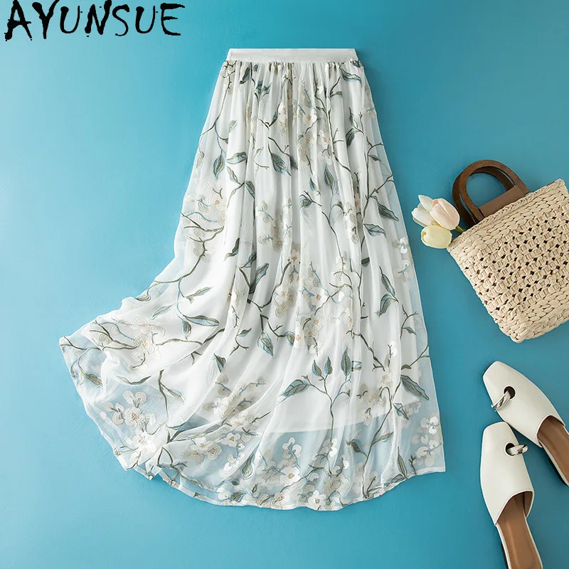 AYUNSUE Real Silk Women's Skirts Embroidered Long Skirts for Women Elastic Waist Summer Skirt Woman Clothes High Quality Юбка