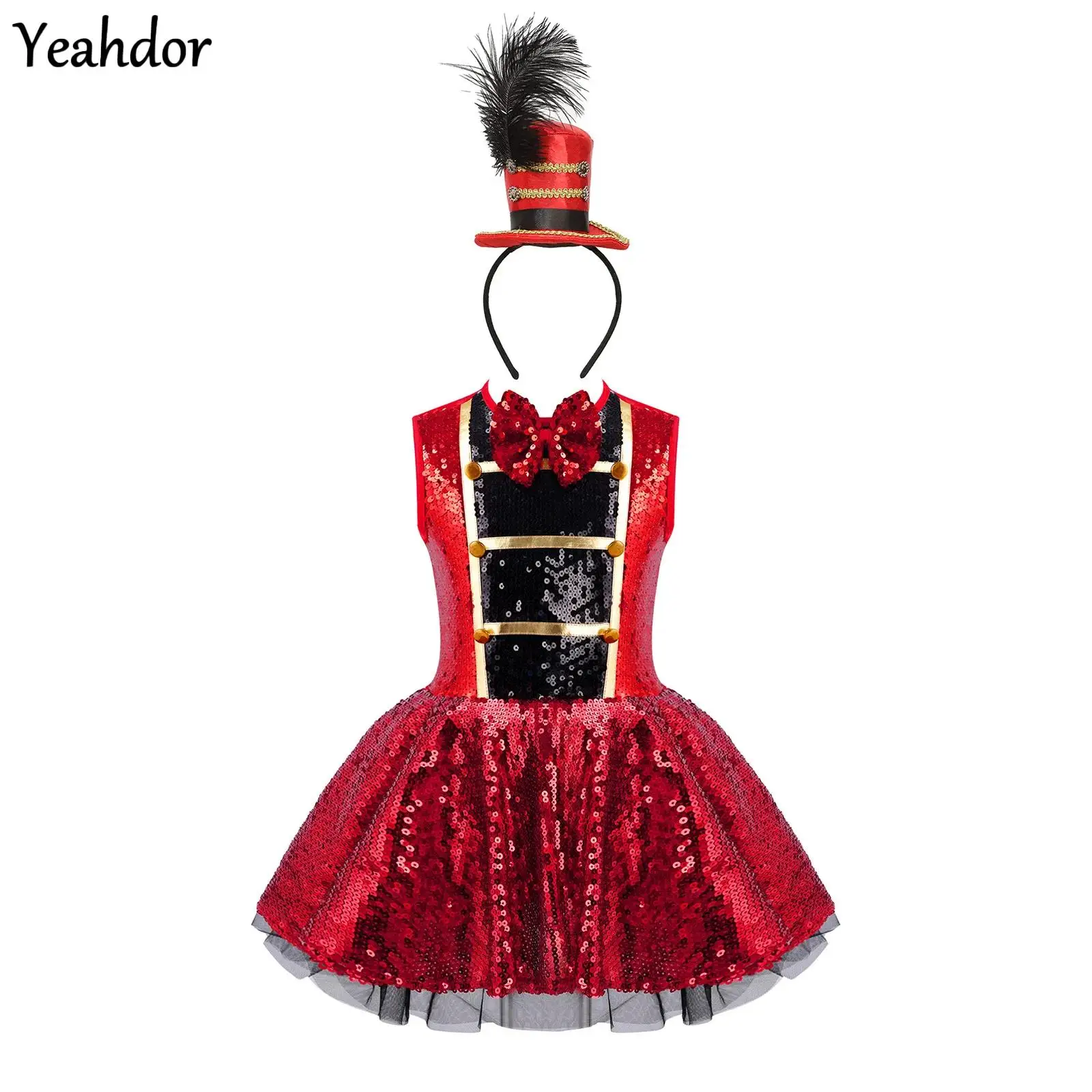 

Girls Circus Ringmaster Costume Sleeveless Sequin Leotard Tutu Dress with Feather Mini Top Hat Halloween Carnival Fancy Party