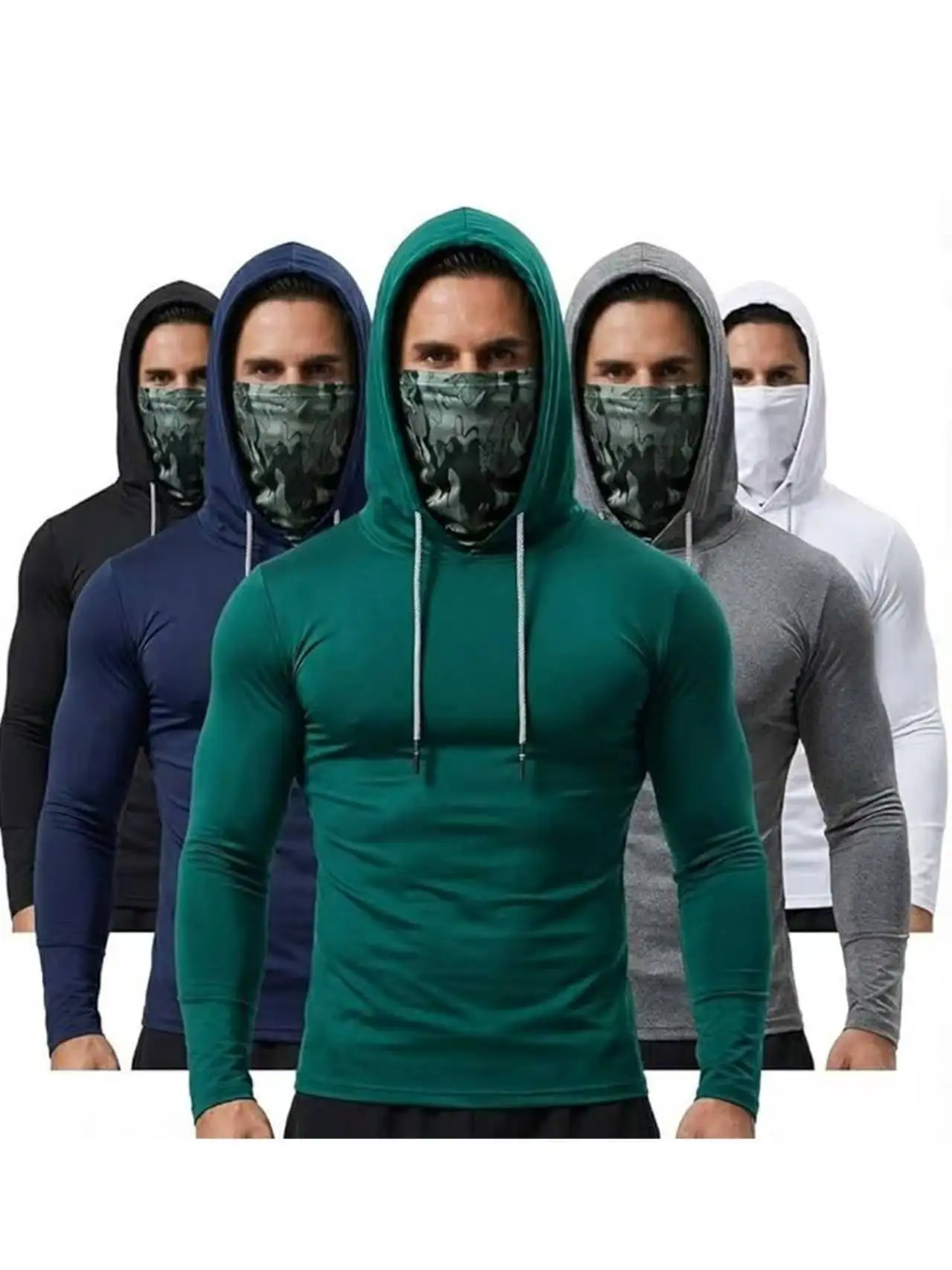 

5-Pack Men's Sun Hoodie with Mesh Mask - Quick Dry Compression Fishing Shirts Long Sleeve Outdoor Work Tactical Hiking Gear