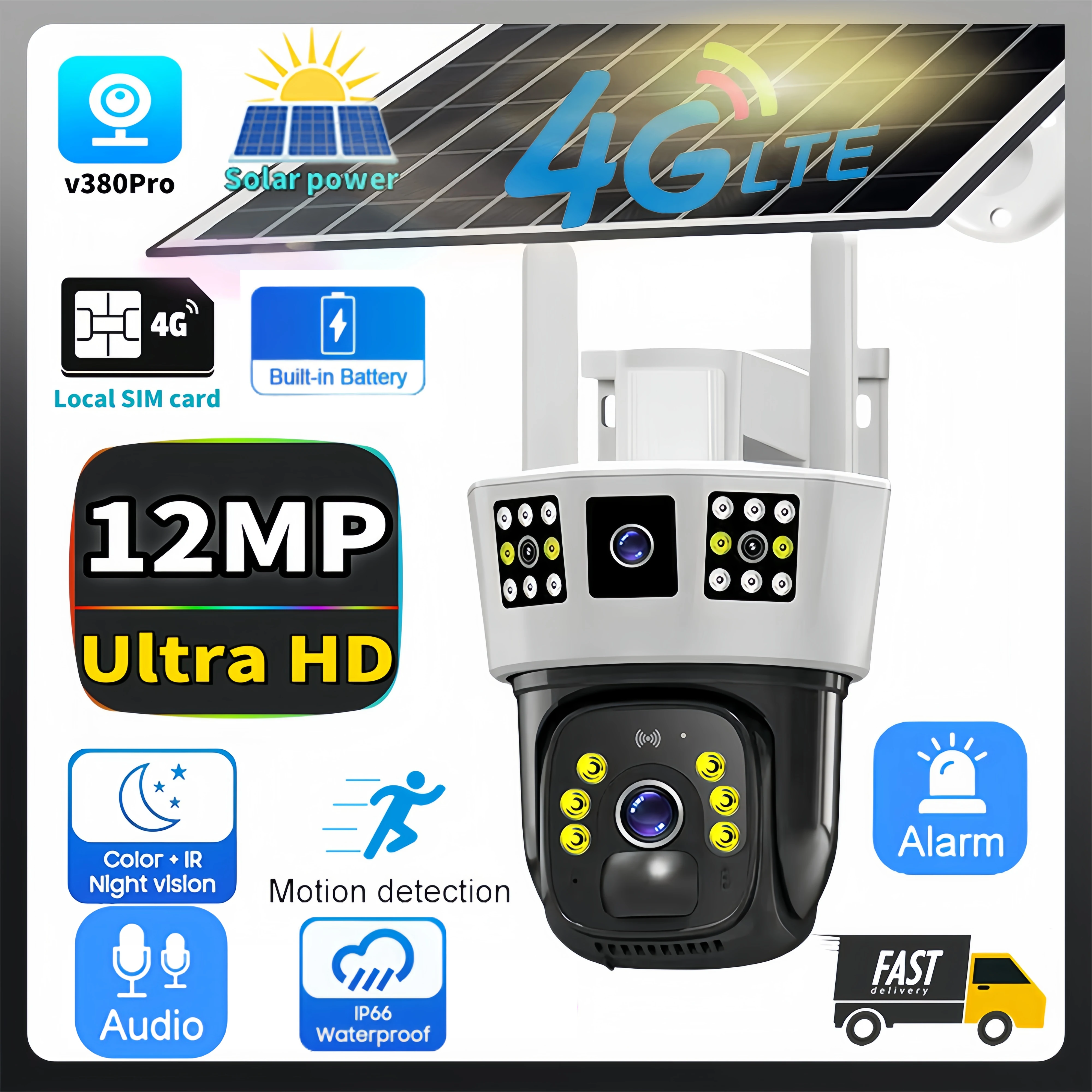 3-Screen Dual Lens V380 Pro 12MP 6K PTZ 4G Solar Powered CCTV Security Camera Outdoor Waterproof Solar Camera