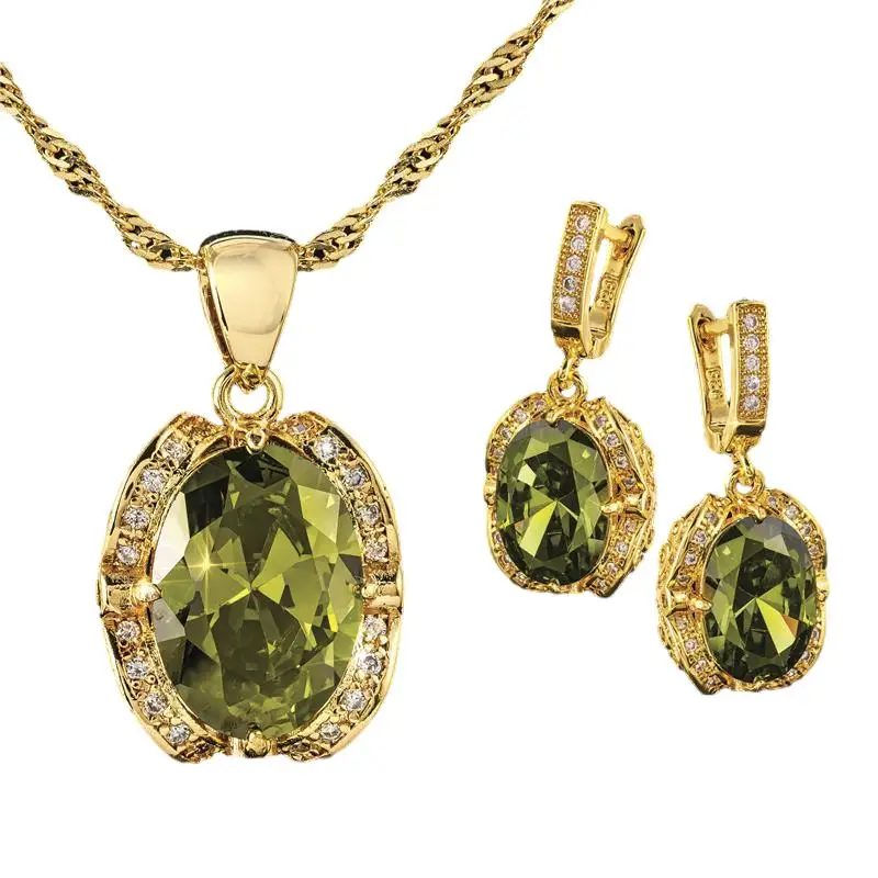 

Olive green Zirconia gem 18K gold plated necklace Earrings jewelry set Light high-grade temperament earrings & necklaces