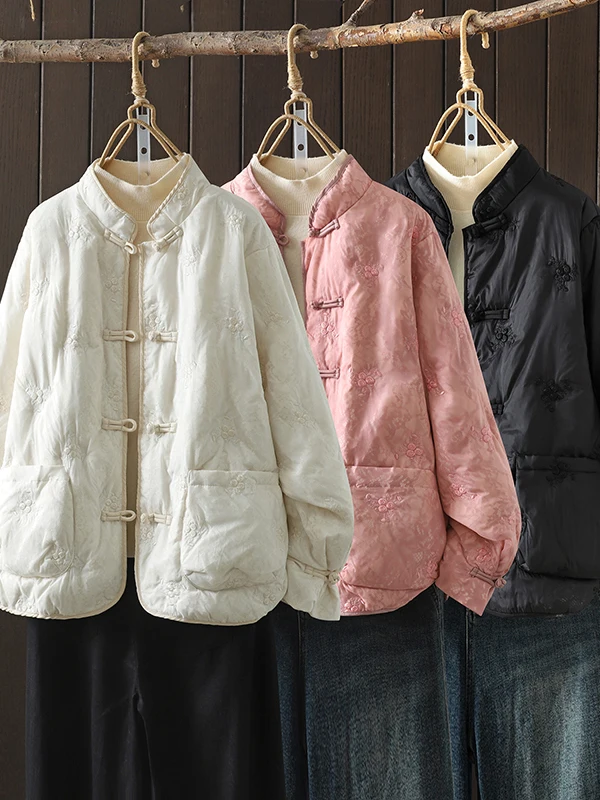 

Ele White Embroidered Floral down Cotton Jaet Women's Button up Stand Collar Tang Suit Small Cotton Coat Retro Sle