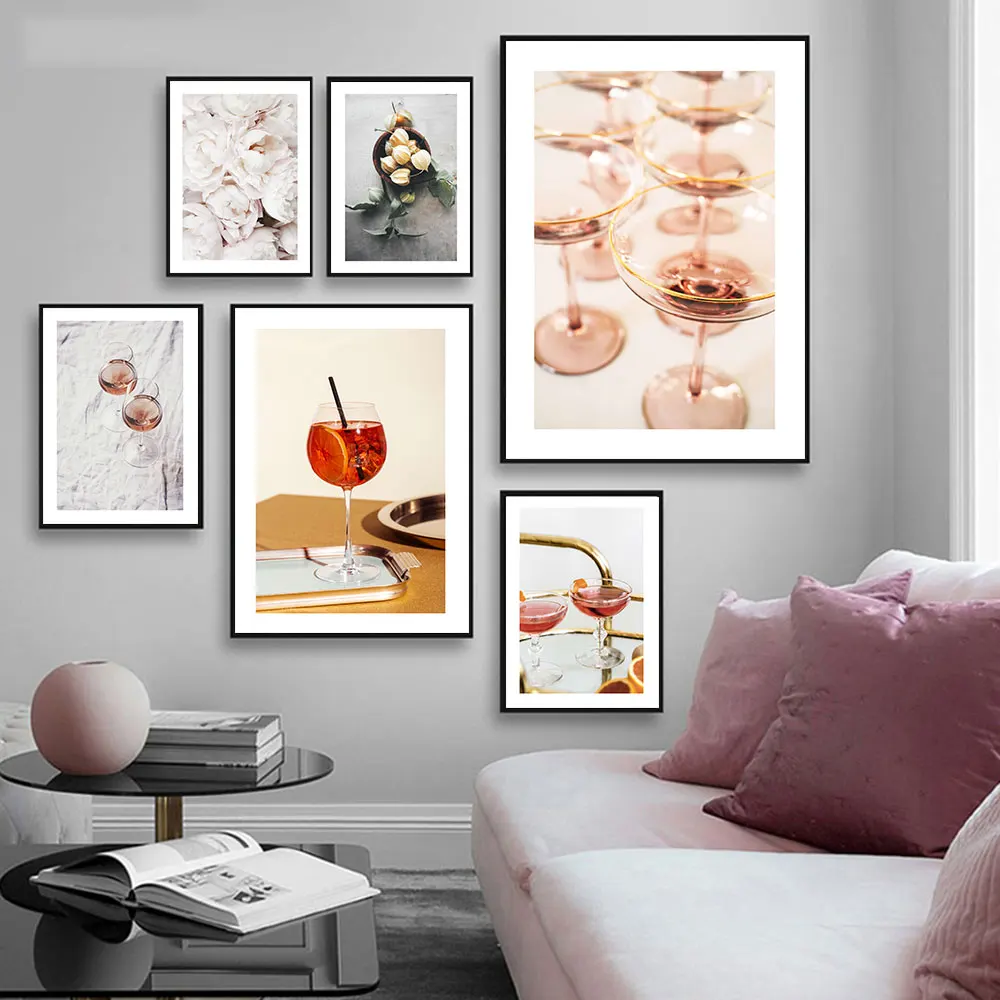 

White Peonies Cherries Poster Champagne Glass Art Print Cocktail Oclock Canvas Painting Rose Times Wall Picture Kitchen Decor