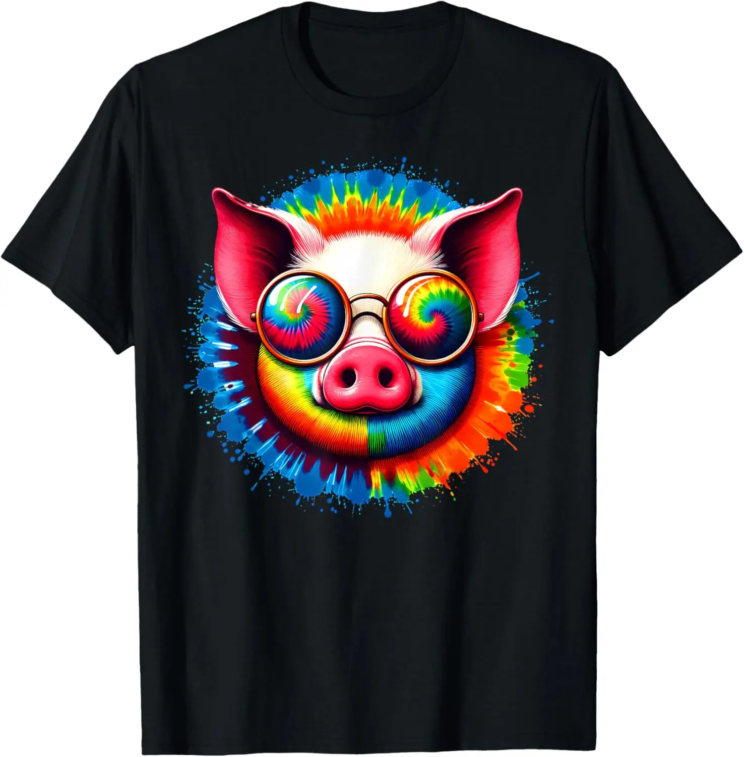 Cool Tie Dye Sunglasses Pig Graphic Illustration Art T-Shirt