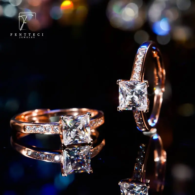 FENTTECI S925 Sterling Silver Gold Plated Moissanite Ring Princess Square Cut Proposal Engagement Wedding Ring for Women Jewelry