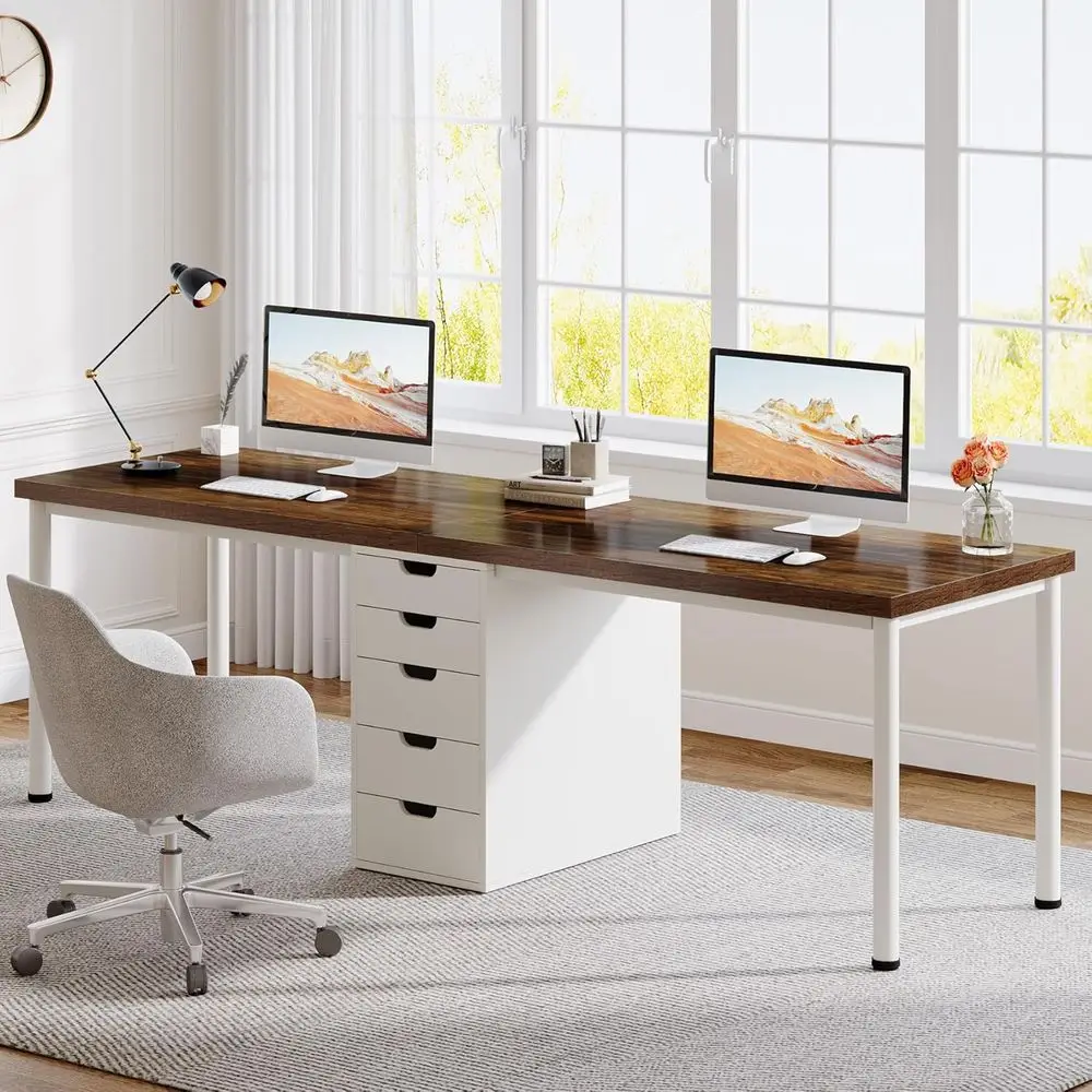 

Extended Double Desk for Two, 78.7 Long, 5 Drawers, Modern Study & Home Office Desk in Brown/White