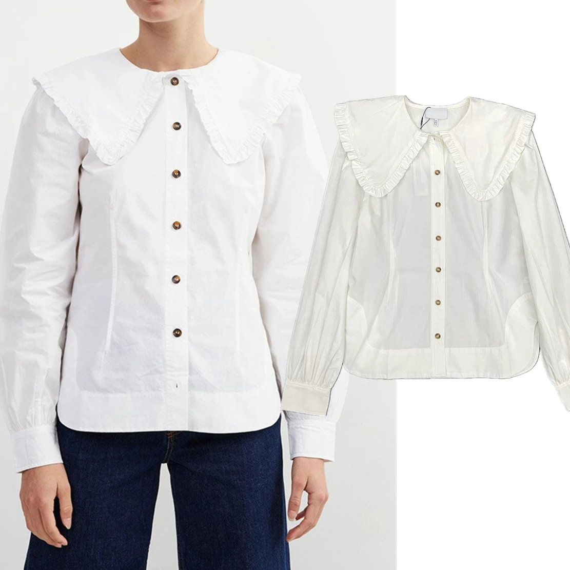 

Maxdutti Ladies Vintage Cute Casual Blouse Pan Collar White Shirt Women Peter Long Sleeved Cotton Poplin Shirt Top