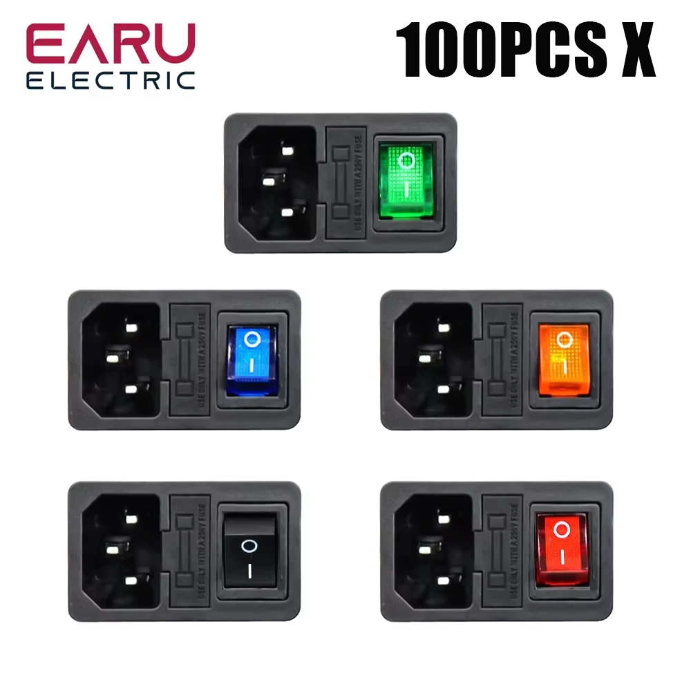 

100PCS Red Rocker Switch Fused IEC320 C14 Inlet Power Socket Fuse Switch Connector Plug Connector Red Green Blue Black Yellow