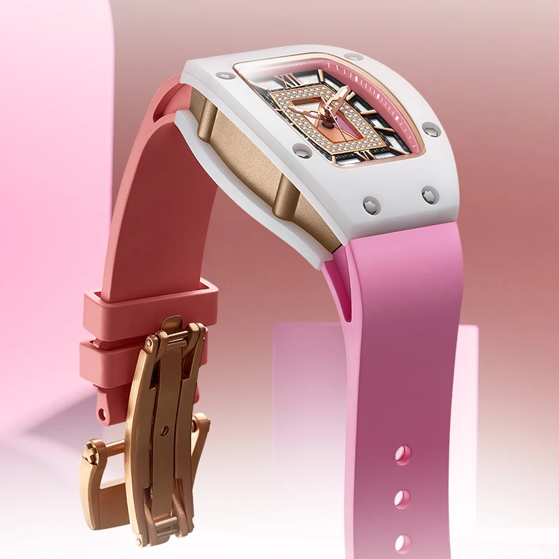BONEST GATTI Automatic Watch Luxury Lady Watches Tonneau Mechanical Wristwatch Rubber Strap Butterfly Clasp Watches For Women