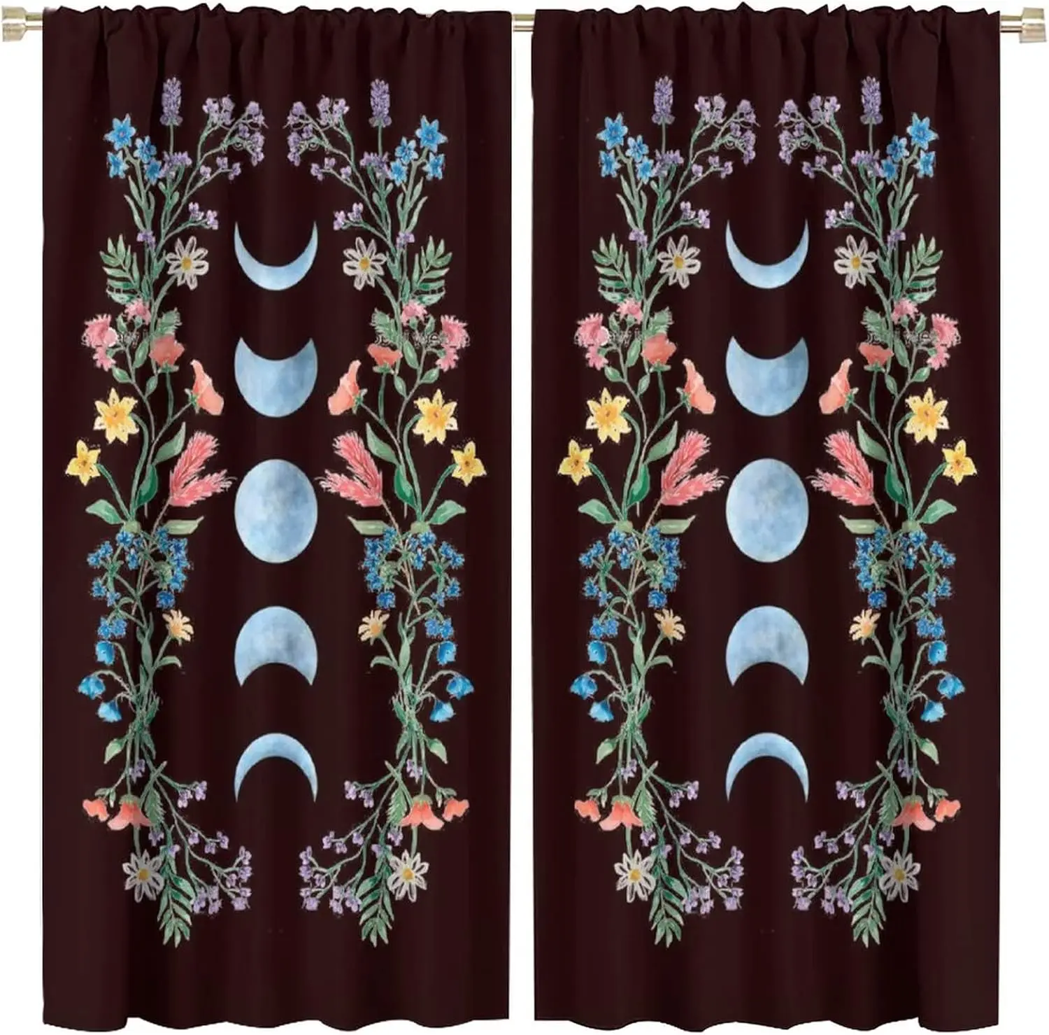Vintage Witchy Moon Phase Blackout Curtain Symmetric Wild Bloom Print Drape For Studio Balcony Boho Dreamy Chic Window Decor