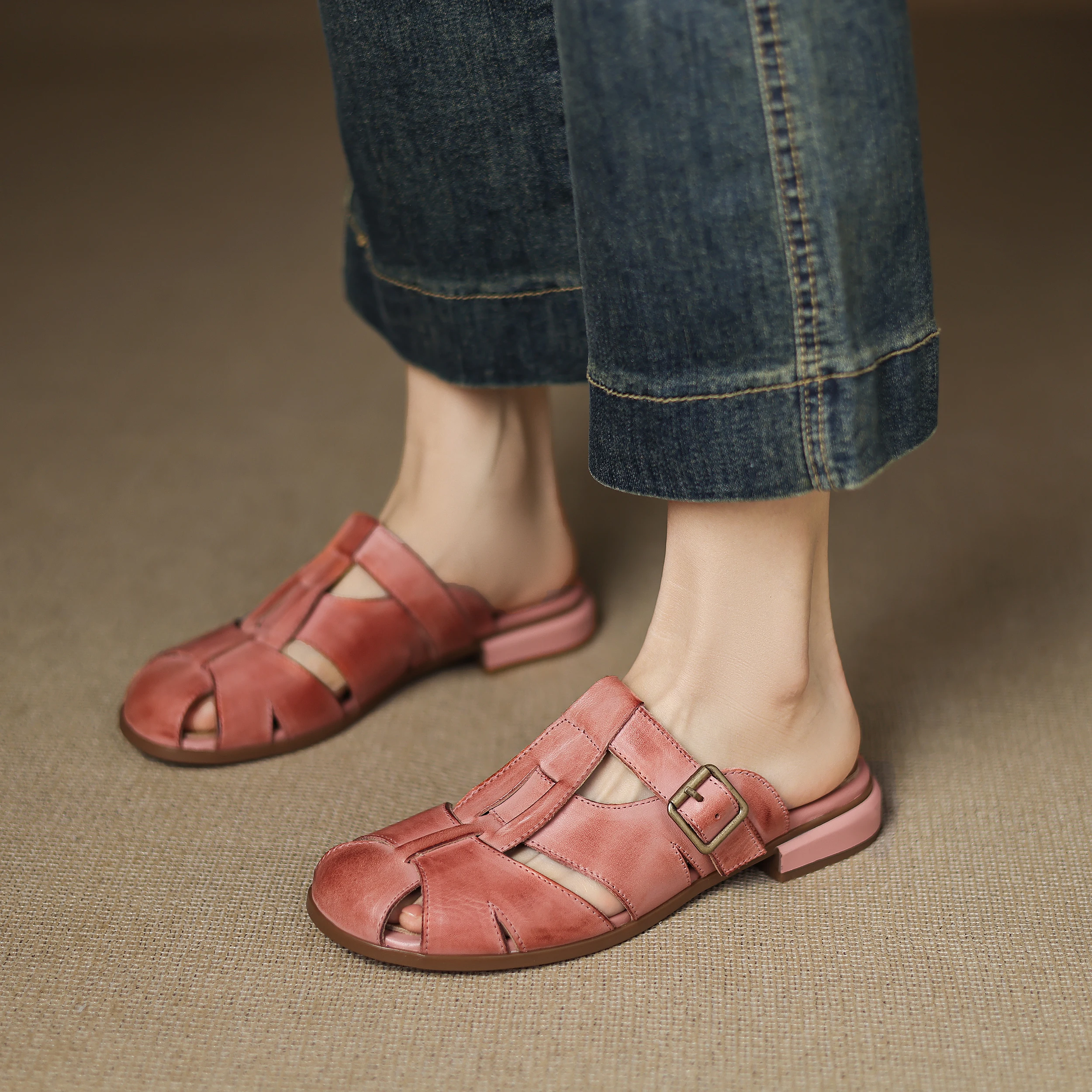 

Genuine Leather Cowhide Women's Sandals,Round Toe Braided T-Strap Slip-on Summer Women Mules, Fashion Women Shoes
