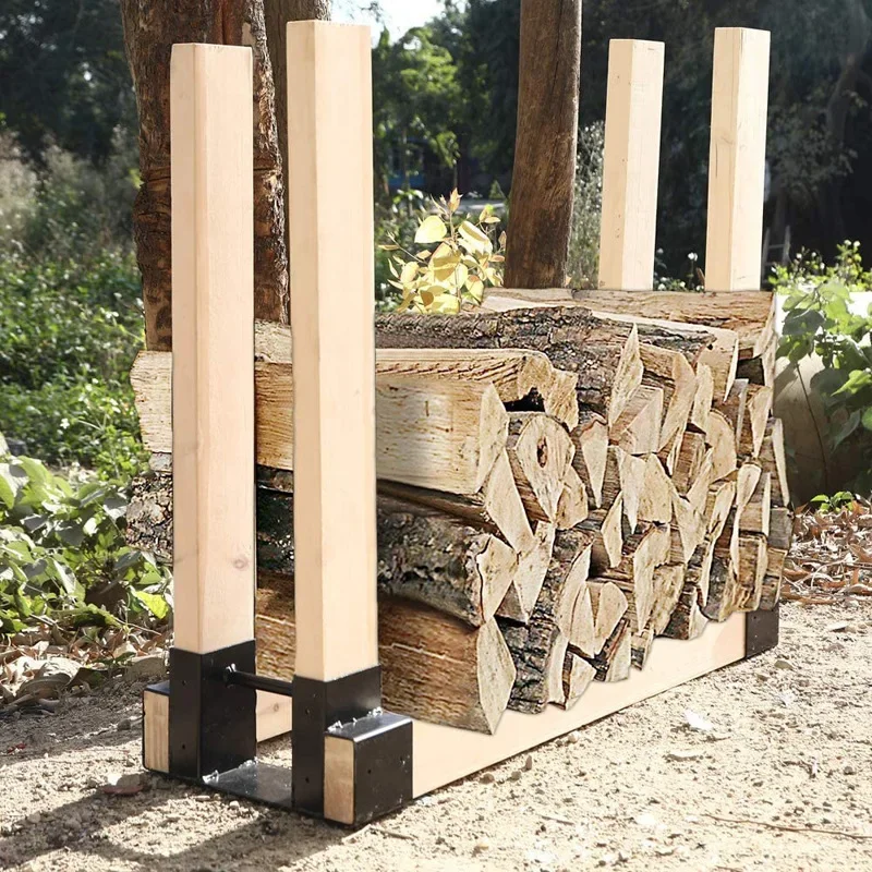 Wrought iron black wood storage rack, Amazon furniture wood support frame, double foot support outdoor