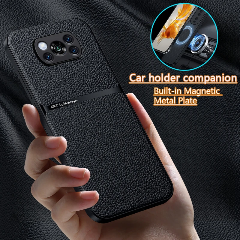 For Poco X3 Pro Case Leather Car Magnetic Holder Phone Case for Xiaomi PocoX3 Poco X3 NFC Little X 3 With Metal Plate Back Cover