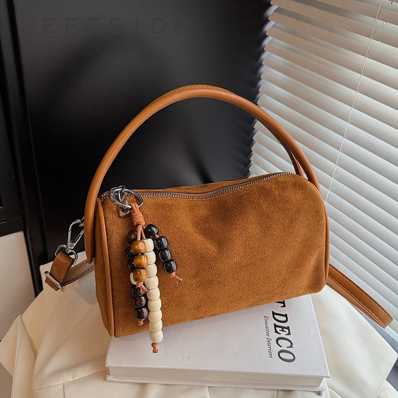 

LEFTSIDE Small Faux Suede Bucket Bag for Women Shoulder Bags 2025 Designer Luxury Short Handle Crossbody Bag Lady Handbags